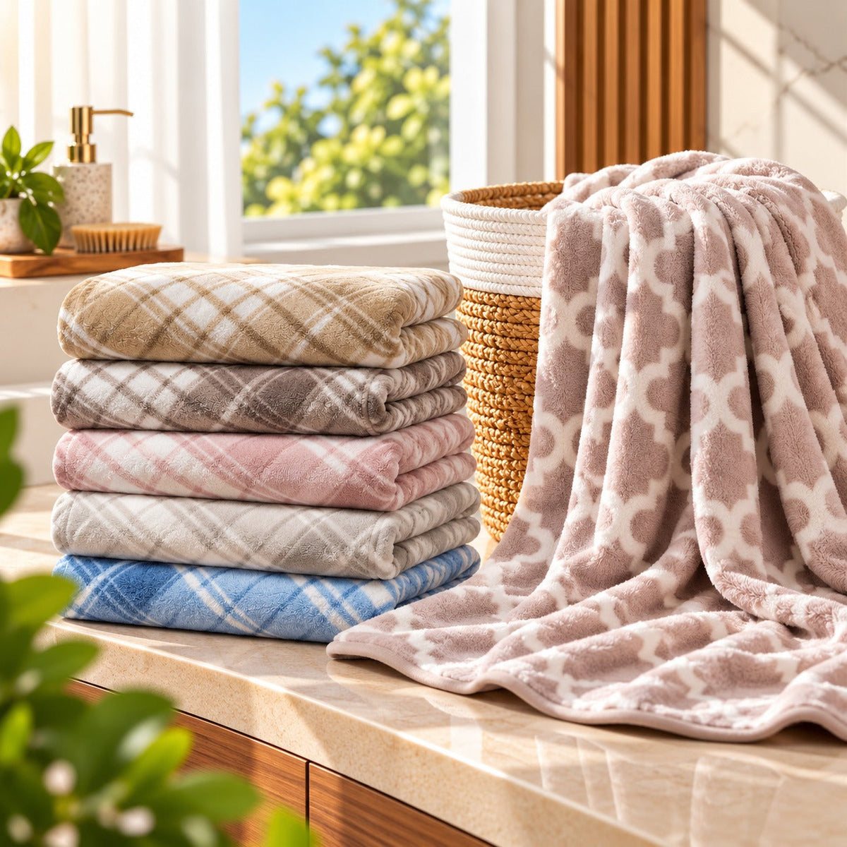 Premium cotton bath towels in soft pastel shades, featuring chevron patterns and textured designs, styled with a woven basket in a bright, elegant bathroom setting.